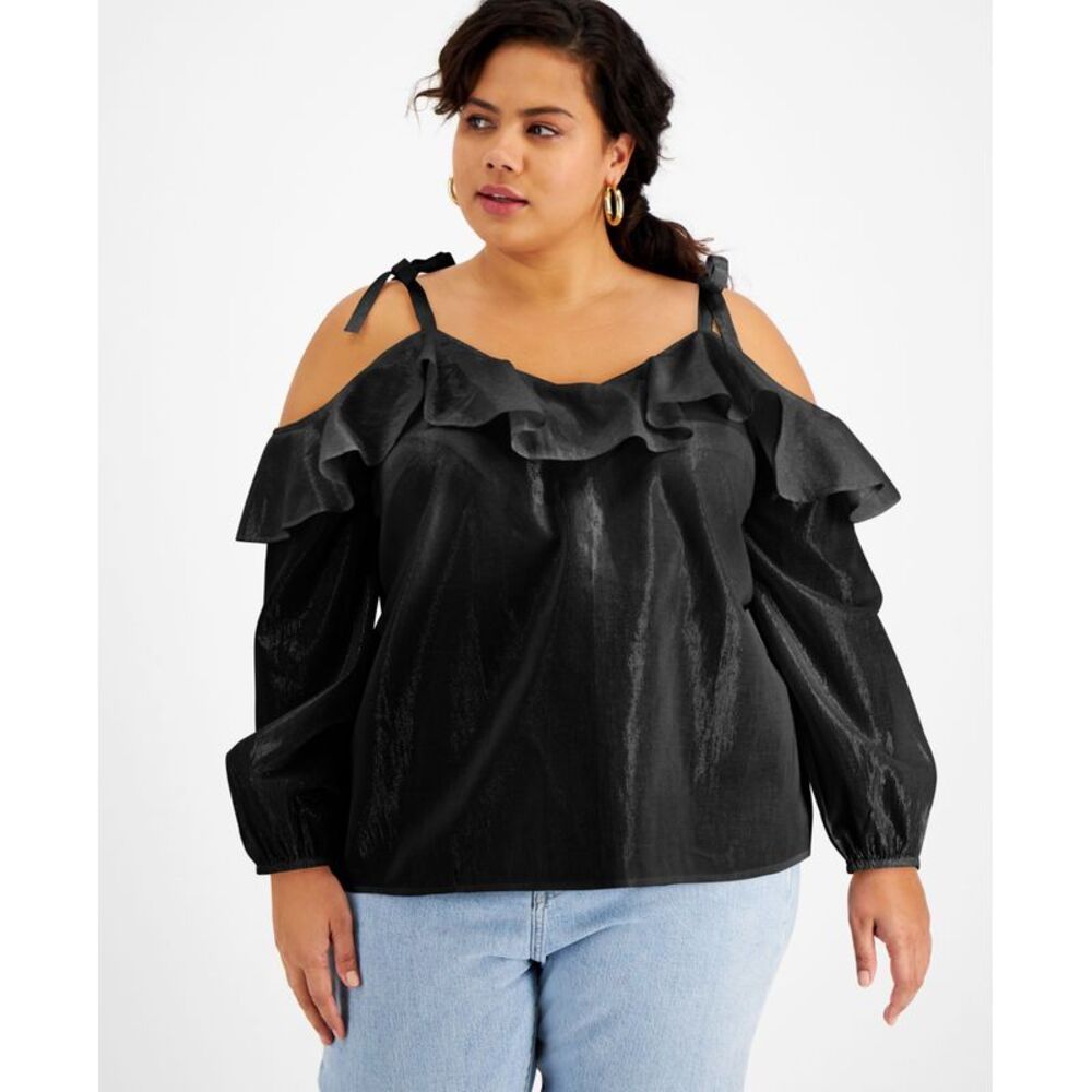 Inc International Concepts Plus Size Ruffled Cold-Shoulder Blouse